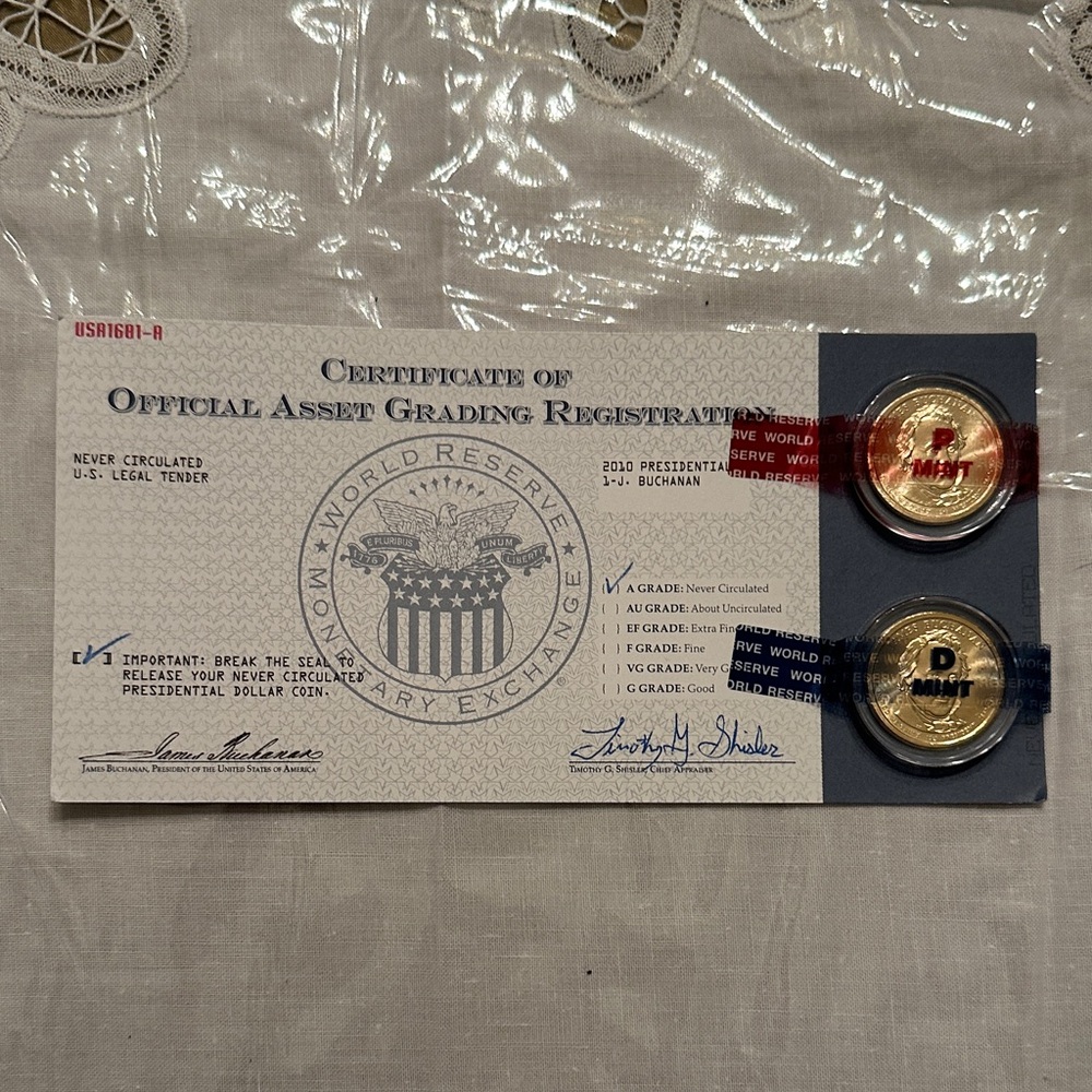 2 James Buchanan 2010 Never circulated Dollar Coins on Certificate card
